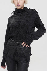 Pull punk pour femme en laine noire avec coutures usées, ourlet pointu irrégulier, manches longues et style décadent